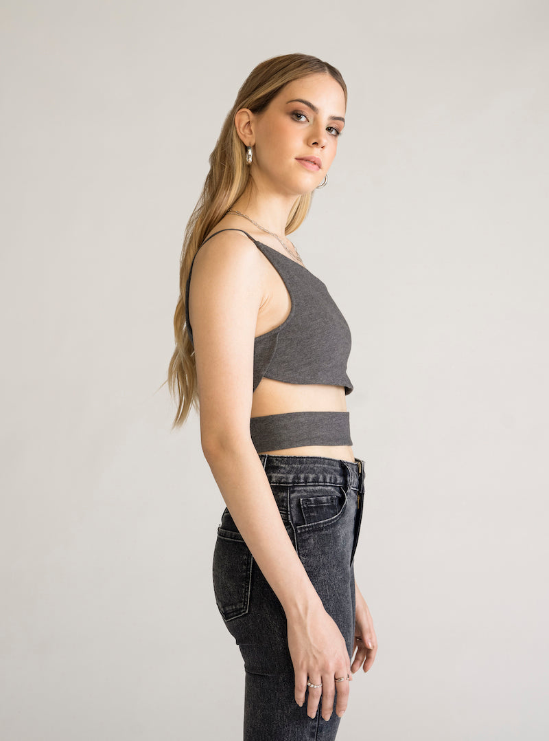 OneShoulder Armhole Strap Top, Gris Obscuro