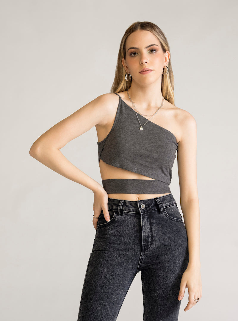 OneShoulder Armhole Strap Top, Gris Obscuro