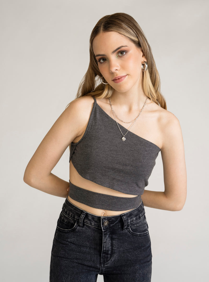 OneShoulder Armhole Strap Top, Gris Obscuro