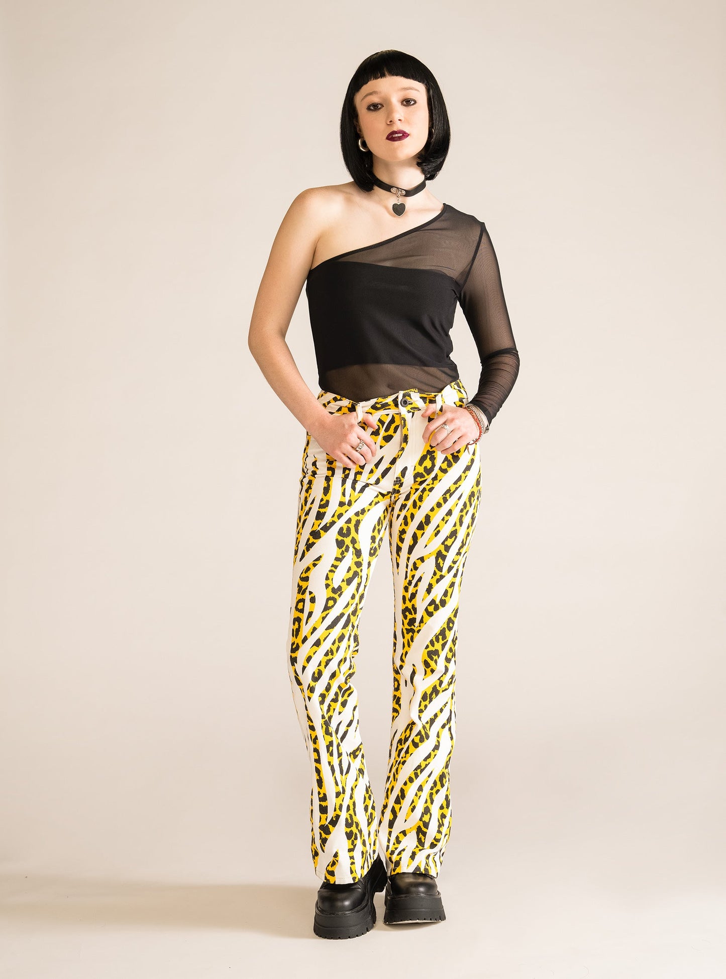 One Shoulder Mesh Top, Negro